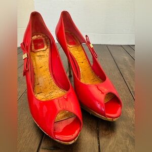 CHRISTIAN DIOR Red Patent Leather Bow Peep Toe Cork Heel Pumps Size 8.5/39